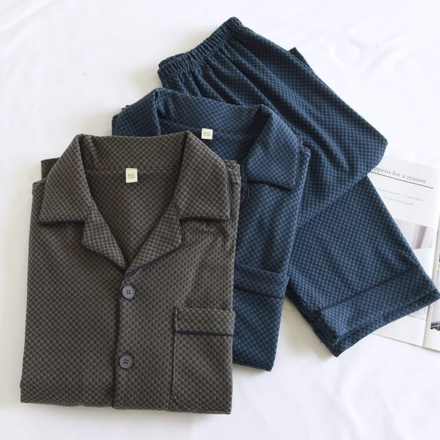 Dogini-Pajama Set Long-Sleeve Lapel Collar Checked Button Top Pants