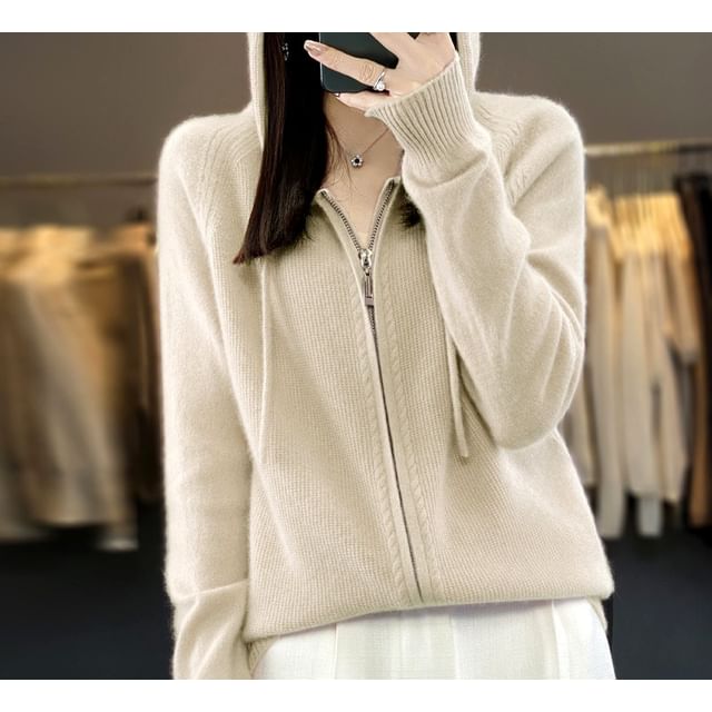 Cloud Nine-Drawstring Ribbed Hooded Zip Cardigan