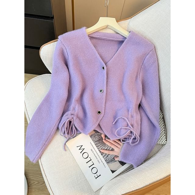 Lemongrass-Drawstring V-Neck Cardigan