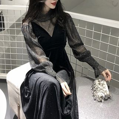Glacia - Set: Sheer Turtleneck + Spaghetti Strap Velvet Midi Dress Glacia - Set: Sheer Turtleneck + Spaghetti Strap Velvet Midi Dress