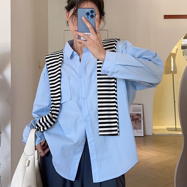 Sienne-Long Sleeve Collared Plain Shirt