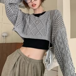 Long-Sleeve Collared Mock Two-Piece Two Tone Knit Panel Ribbed Blouse