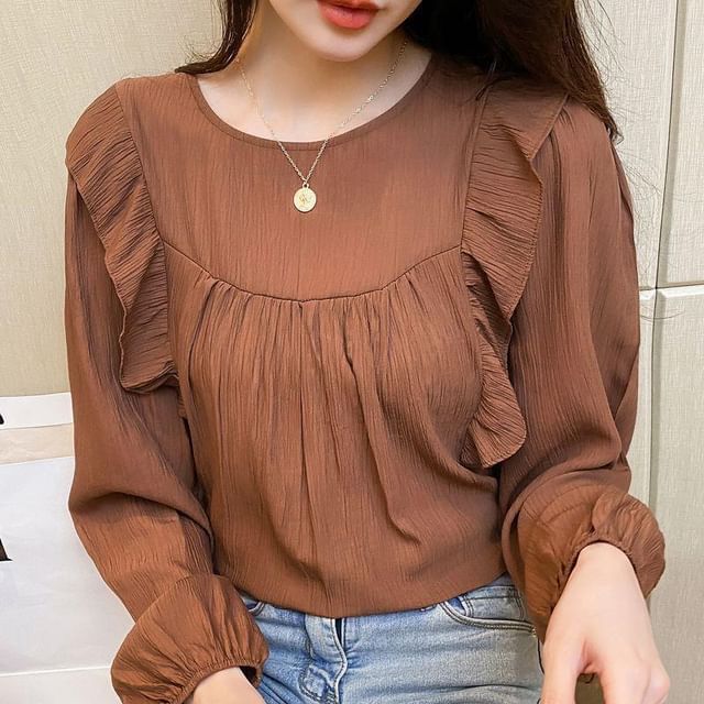Rosesand-Puff Sleeve Ruffled Plain Loose-Fit Blouse