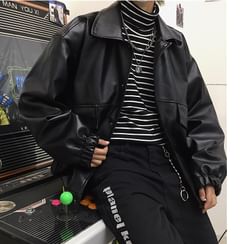 Koiyua - Couple Matching Applique Faux-Leather Jacket