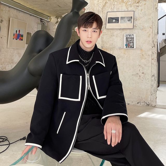 Patow-Plain Contrast Trim Zip Jacket