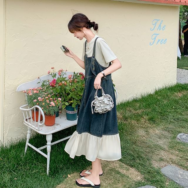knee length dresses for ladies Denim Dungaree Midi Dress Off White main image 1