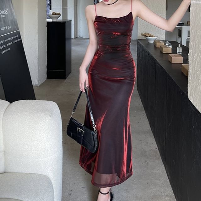 Smackthat Spaghetti Strap Mesh Overlay Maxi Sheath Dress YesStyle