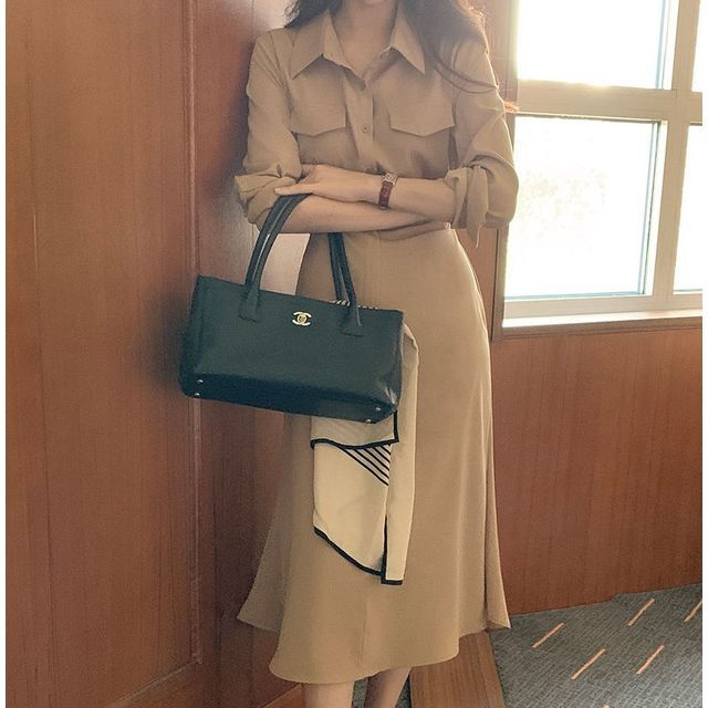 Leoom-Plain Midi A-Line Shirtdress