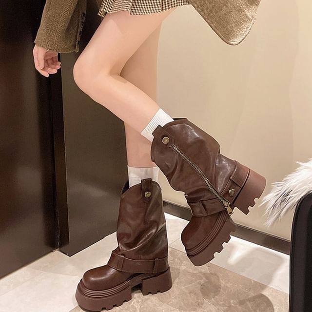 Vindler-Platform Buckled Panel Zip Mid Calf Boots