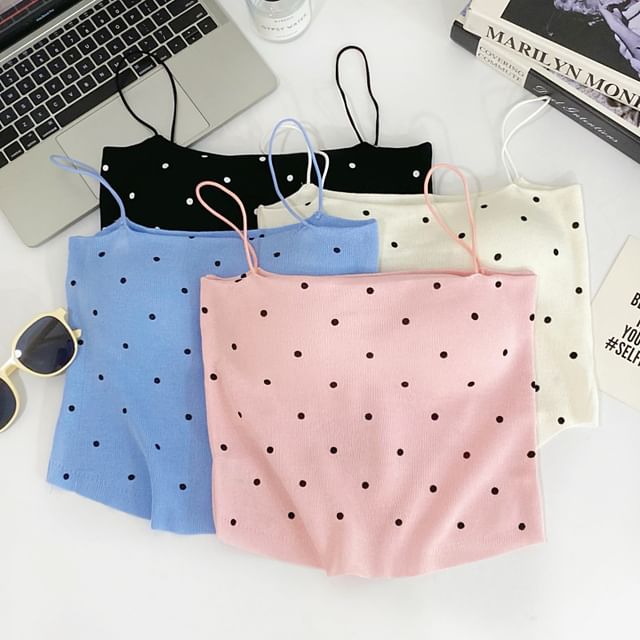 Iasia-Spaghetti Strap Polka Dot Print Cropped Camisole Top