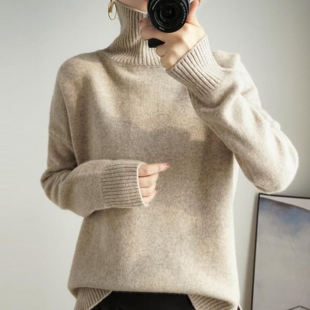 INEN-Long-Sleeve Turtleneck Plain Knit Top