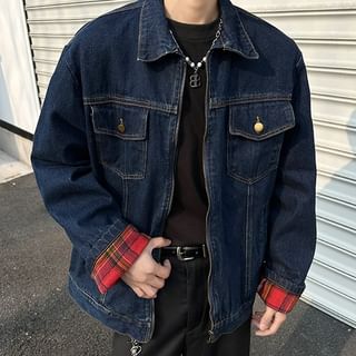 Plummie-Collared Plaid Panel Cuff Denim Zip Jacket