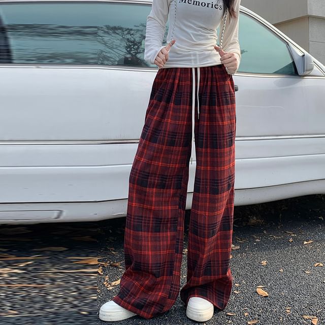 Cheerzo High-Rise Drawstring Plaid Loose Fit Straight Leg Pants
