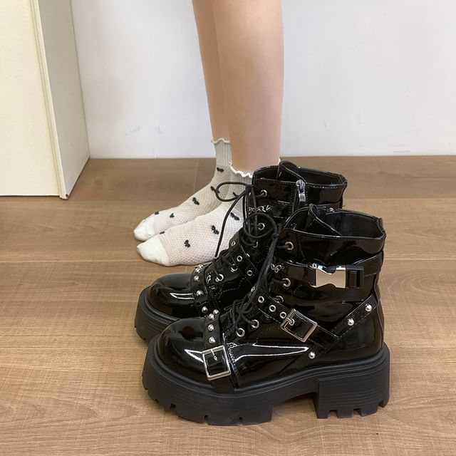 Nikao-Platform Buckled Studded Patent Leather Lace Up Boots