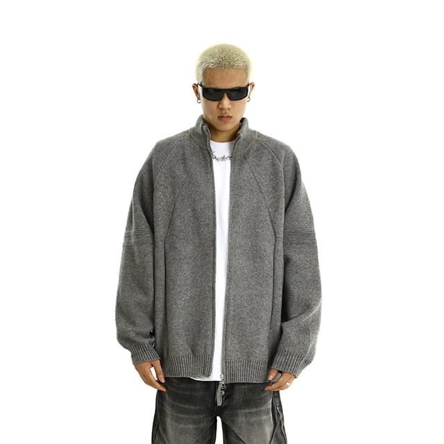 Meiksip-Stand Collar Plain Zip-Up Cardigan