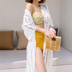 Salanghae - Set: Floral Print Bikini Top + High Waist Plain Bottom + Short Sleeve Cover-Up Salanghae - Set: Floral Print Bikini Top + High Waist Plain Bottom + Short Sleeve Cover-Up
