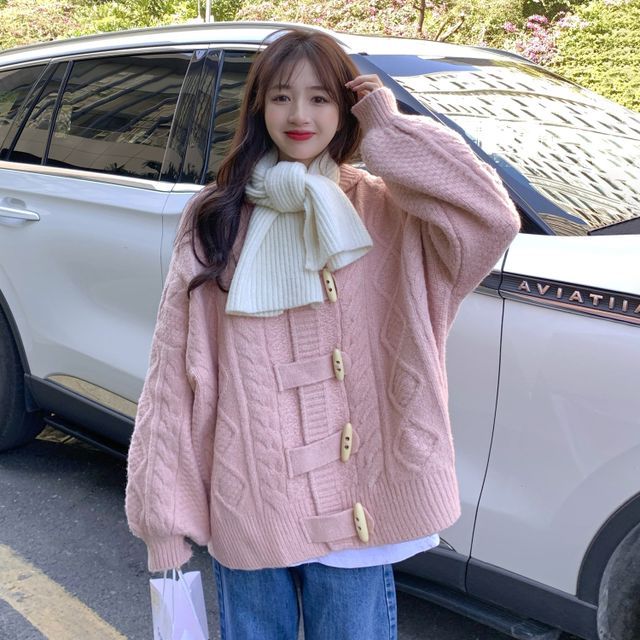 AKANYA Cable Knit Hooded Toggle Cardigan Pink One Size