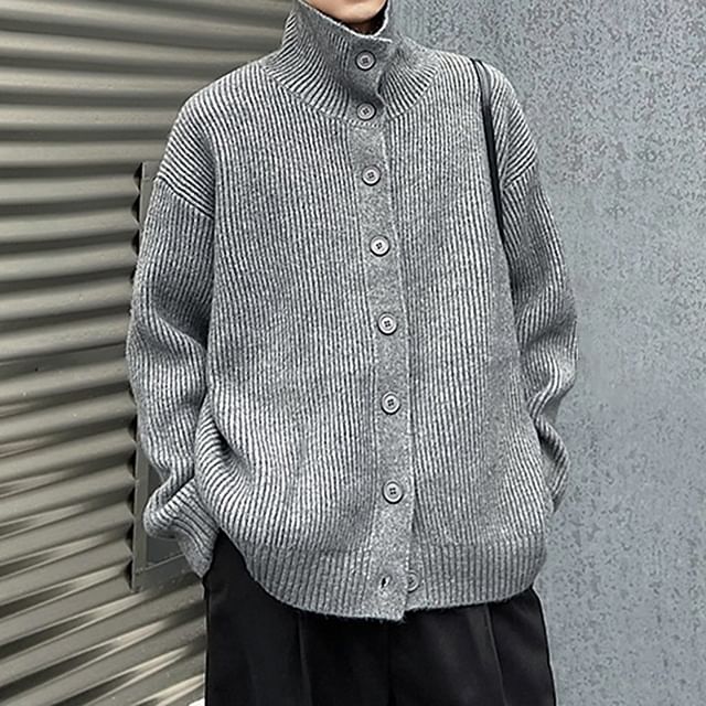 Adothuiastic-Stand Collar Plain Button Up Ribbed Knit Oversized Cardigan
