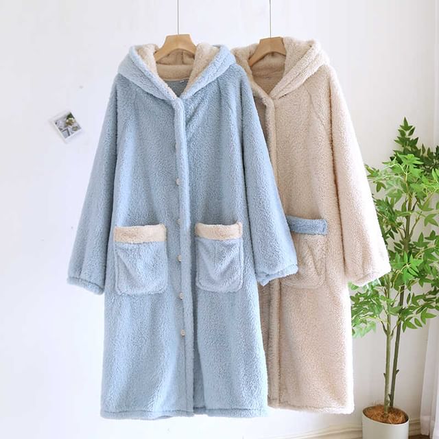 Dazzli-Hooded Fleece Button-Up Pajama Robe