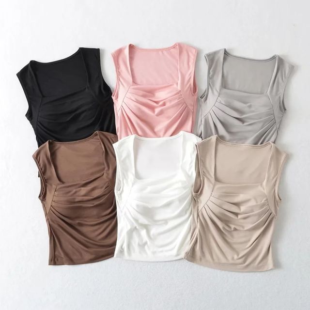Asiris-Square-Neck Plain Ruched Slim-Fit Crop Tank Top