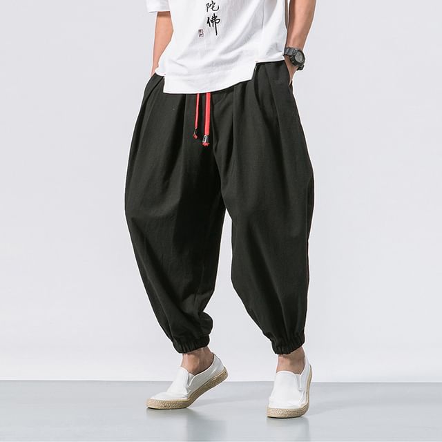 YIKES-Drawstring Waist Plain Harem Pants