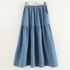 ninna nanna - Tiered Denim Midi A-Line Skirt