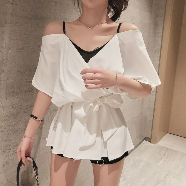 KONGER-Mock Two-Piece Cold-Shoulder Blouse