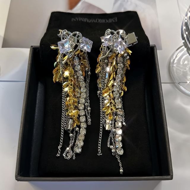 Daeuni-Rhinestone Chain Detail Dangle Earring