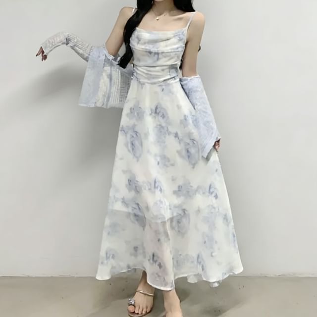 Maisee-Maxikleid in A-Linie mit Spaghettiträgern Wasserfallausschnitt und Blumenmuster schlichter Cardigan