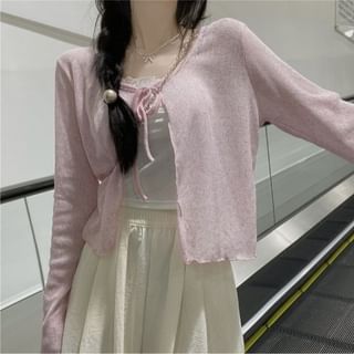 Bigfol-Plain Crop Tie Front Cardigan