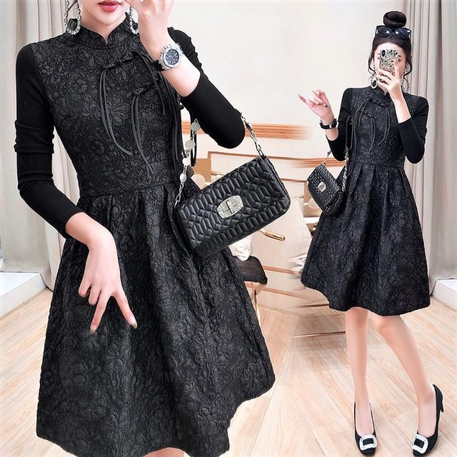 Rosewind - Long-Sleeve Mandarin Collar Frog Button A-Line Dress