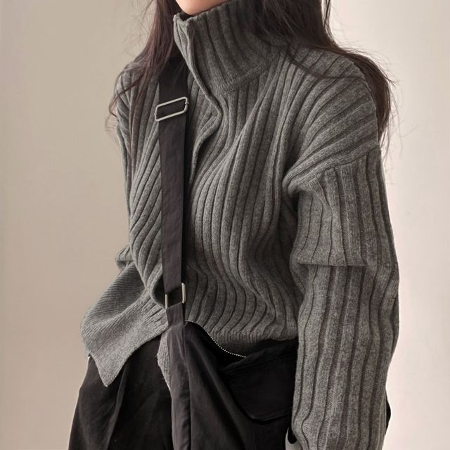 MIKIGA-Stand Collar Plain Ribbed Cardigan