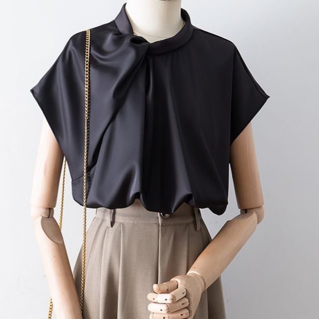Cossita-Cap-Sleeve Stand Collar Plain Ruched Blouse