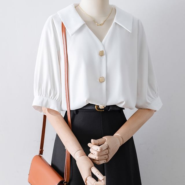 Cossita-Elbow-Sleeve V-Neck Collared Button-Up Plain Blouse