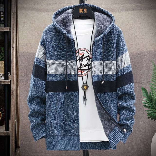 Ninine-Color Block Drawstring Hooded Zip Cardigan