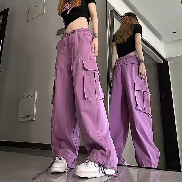 Bay Go Mall-Drawstring Waist Plain Baggy Cargo Pants