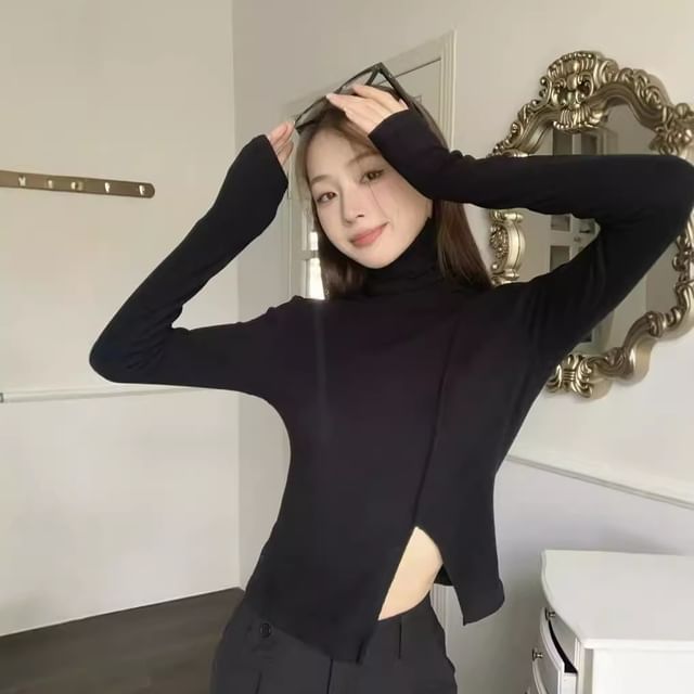 Yako-Long Sleeve Turtleneck Plain Slit Hem Top