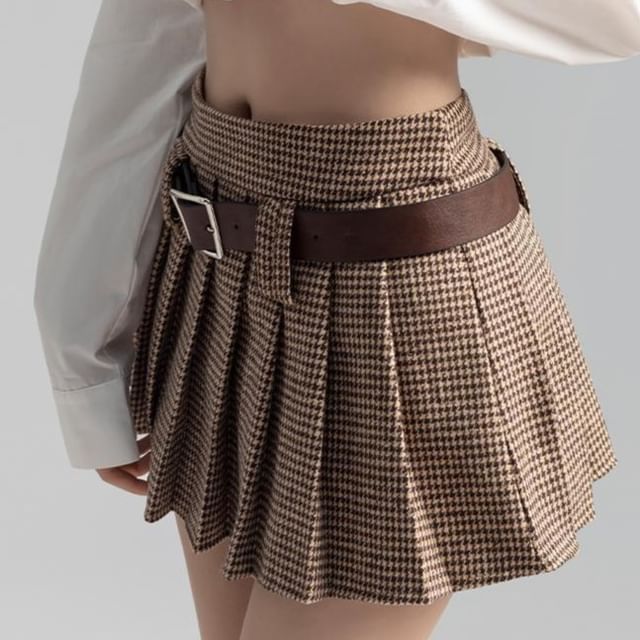Bolgivy - High Waist Houndstooth Pleated Mini A-Line Skirt Bolgivy - High Waist Houndstooth Pleated Mini A-Line Skirt