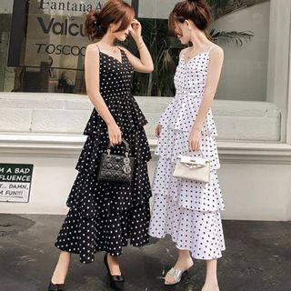 Dream Drop - Spaghetti Strap Polka Dot A-Line Midi Tiered Dress | YesStyle