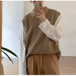 Real Boy-Polo Collar Plain Knitted Sweater Vest