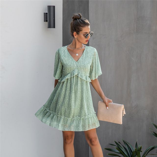 Charaboom - Floral Ruffle Trim Short-Sleeve Mini A-Line Dress