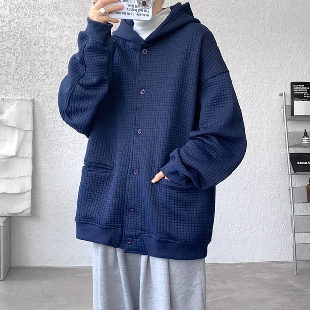 Urtishia-Plain Hooded Button-Up Jacket