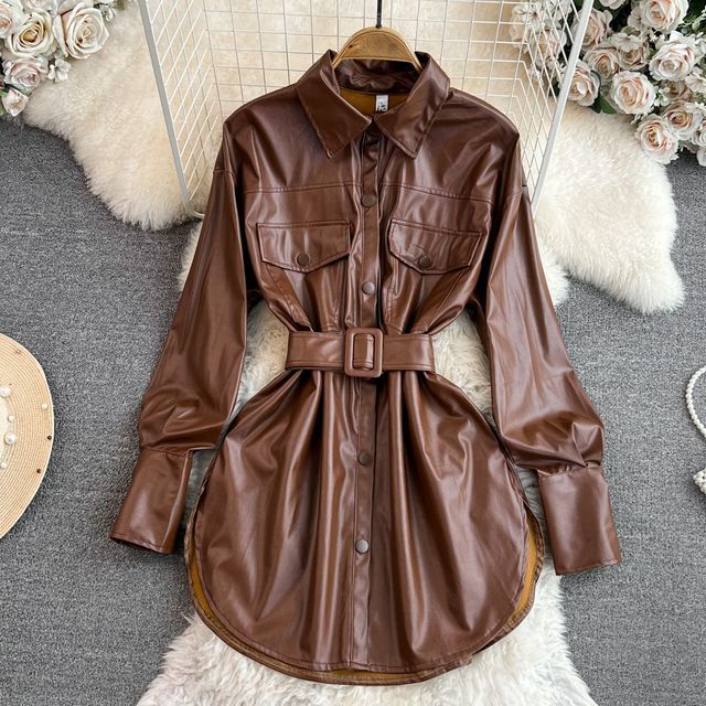 Yearnin - Long-Sleeve Plain Faux Leather Belted Button-Up Mini Shirt Dress | YesStyle Yearnin - Long-Sleeve Plain Faux Leather Belted Button-Up Mini Shirt Dress | YesStyle
