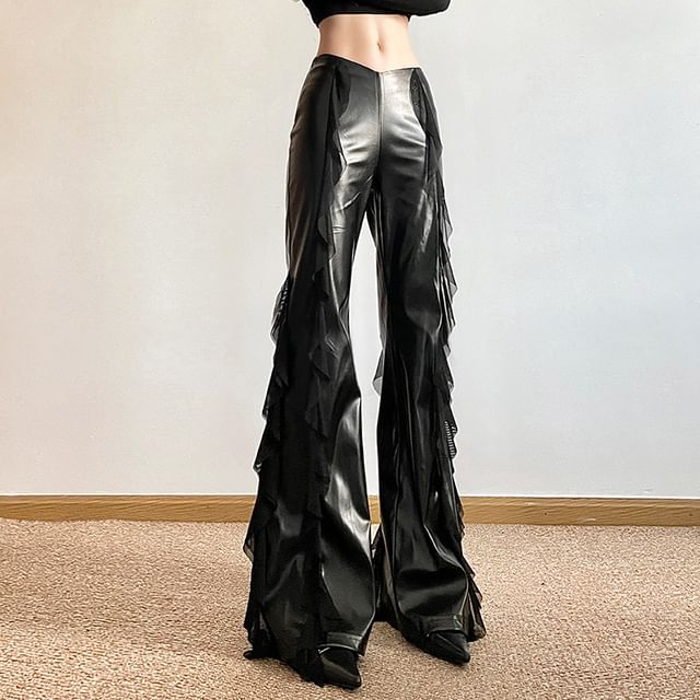 HERMITAKH Mid Rise Plain Ruffle Faux Leather Flared Pants YesStyle