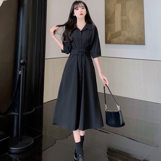 Flowy Dress Swing Dress With Pockets Bellotink Elbow-Sleeve Plain Midi  A-Line Shirt Dress YesStyle