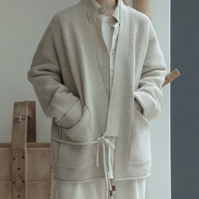 Sinlarity-Plain Ribbed Open Front Cardigan