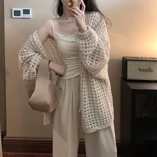 ISSOL-Plain Perforated Open Front Cardigan