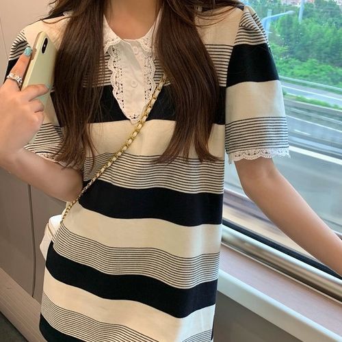 Mushini - Short-Sleeve Lace Trim Striped Mini Polo Dress | YesStyle