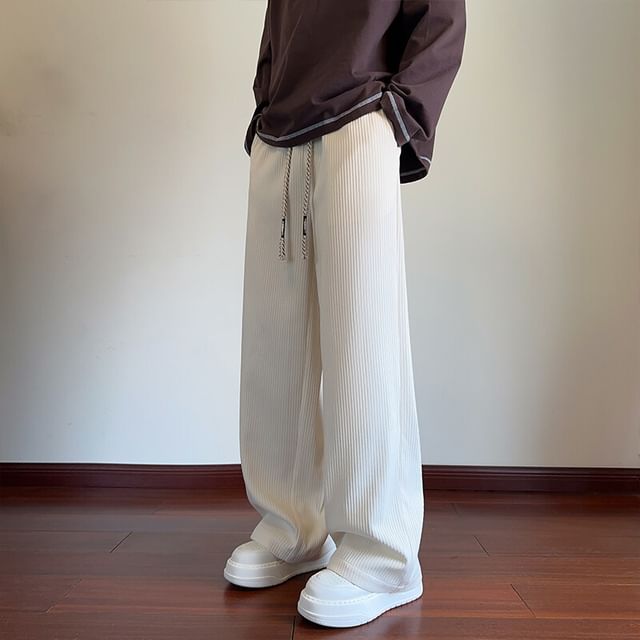 Priam-High Waist Plain Ribbed Wide Leg Pants