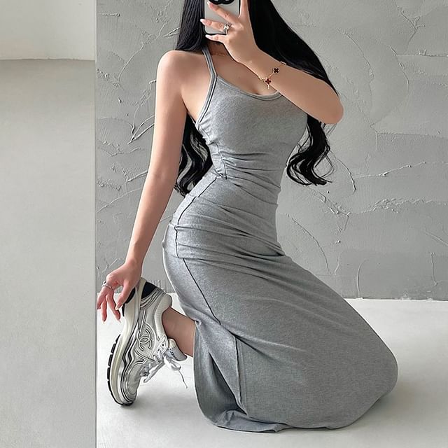 RainGirl-Halter Plain Padded Maxi Sheath Dress